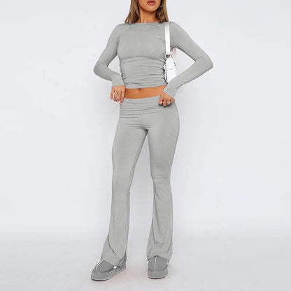 NEW Slim Fit Long Sleeve Crop Top And Low Rise Flare Pants Yoga Lounge Set