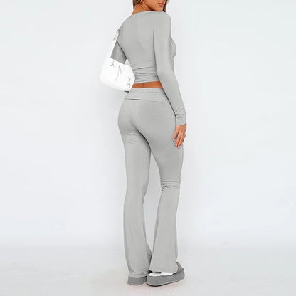 NEW Slim Fit Long Sleeve Crop Top And Low Rise Flare Pants Yoga Lounge Set