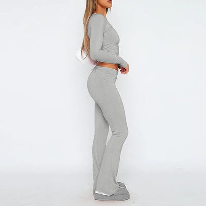 NEW Slim Fit Long Sleeve Crop Top And Low Rise Flare Pants Yoga Lounge Set