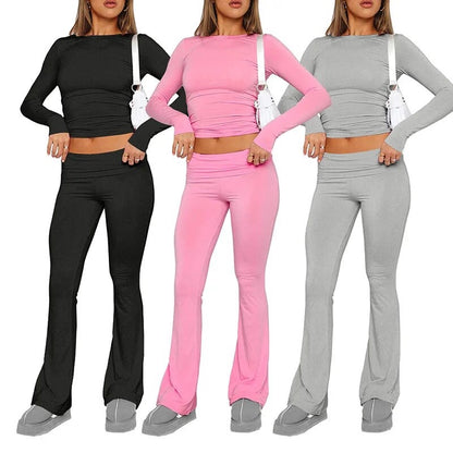 NEW Slim Fit Long Sleeve Crop Top And Low Rise Flare Pants Yoga Lounge Set