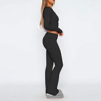 NEW Slim Fit Long Sleeve Crop Top And Low Rise Flare Pants Yoga Lounge Set