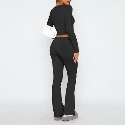 NEW Slim Fit Long Sleeve Crop Top And Low Rise Flare Pants Yoga Lounge Set