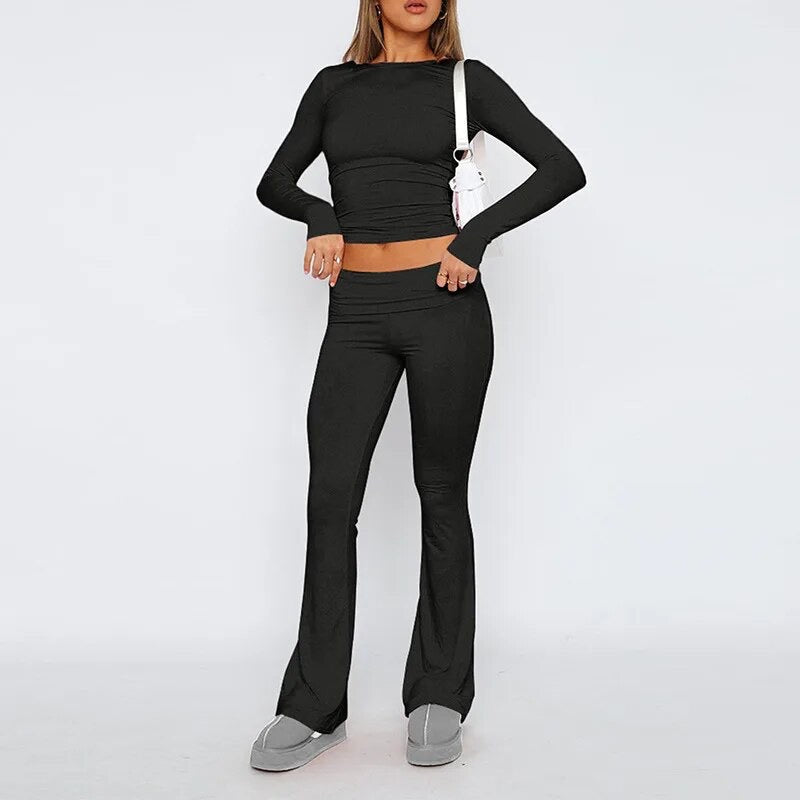 NEW Slim Fit Long Sleeve Crop Top And Low Rise Flare Pants Yoga Lounge Set